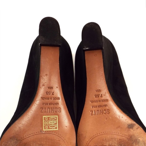 SCHUTZ Black Suede Open Toe Wedge Heels Pumps 7.5 - Picture 6 of 8